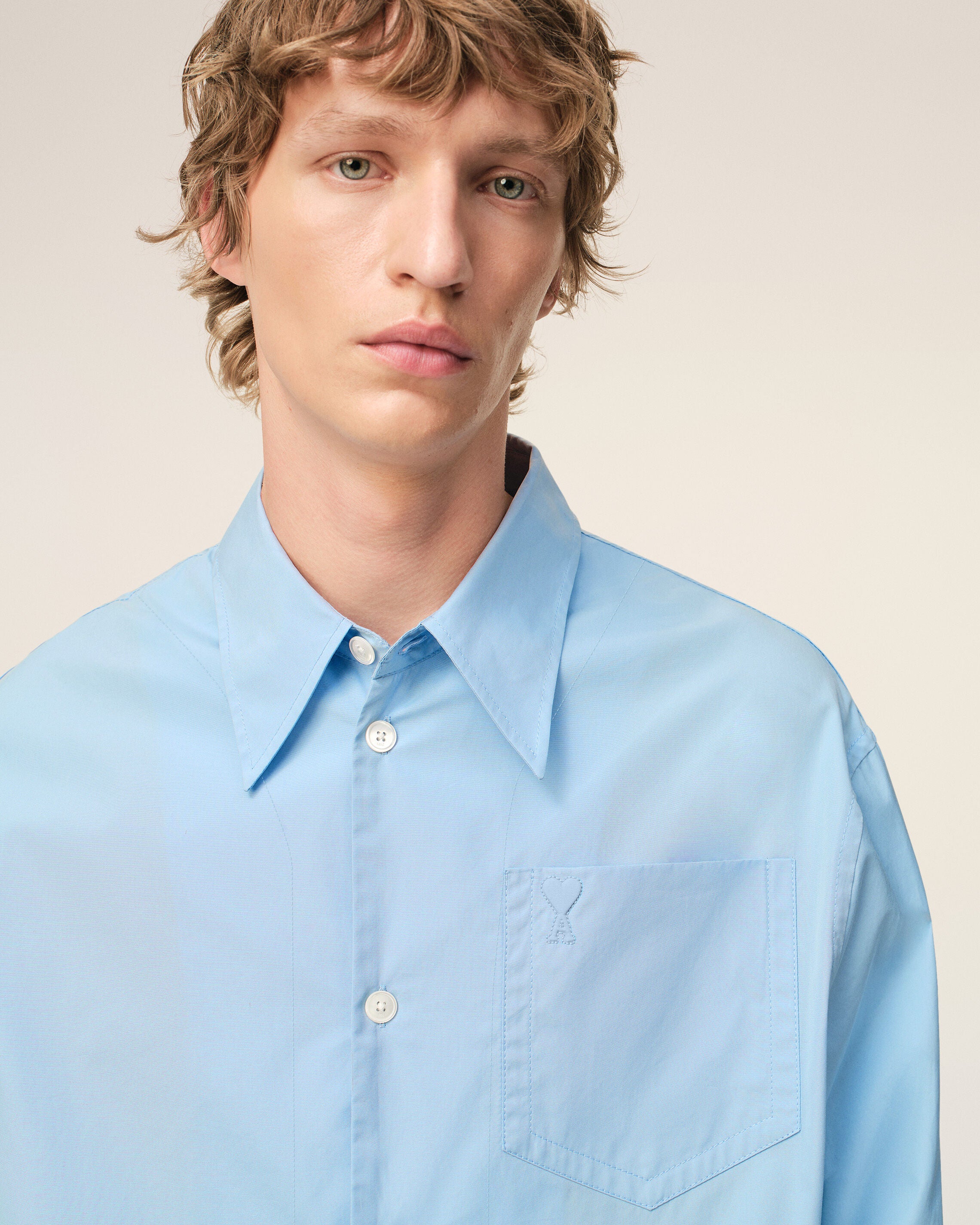 Blue Cotton Sharp Collar Ami De Coeur Wide Shirt - 4