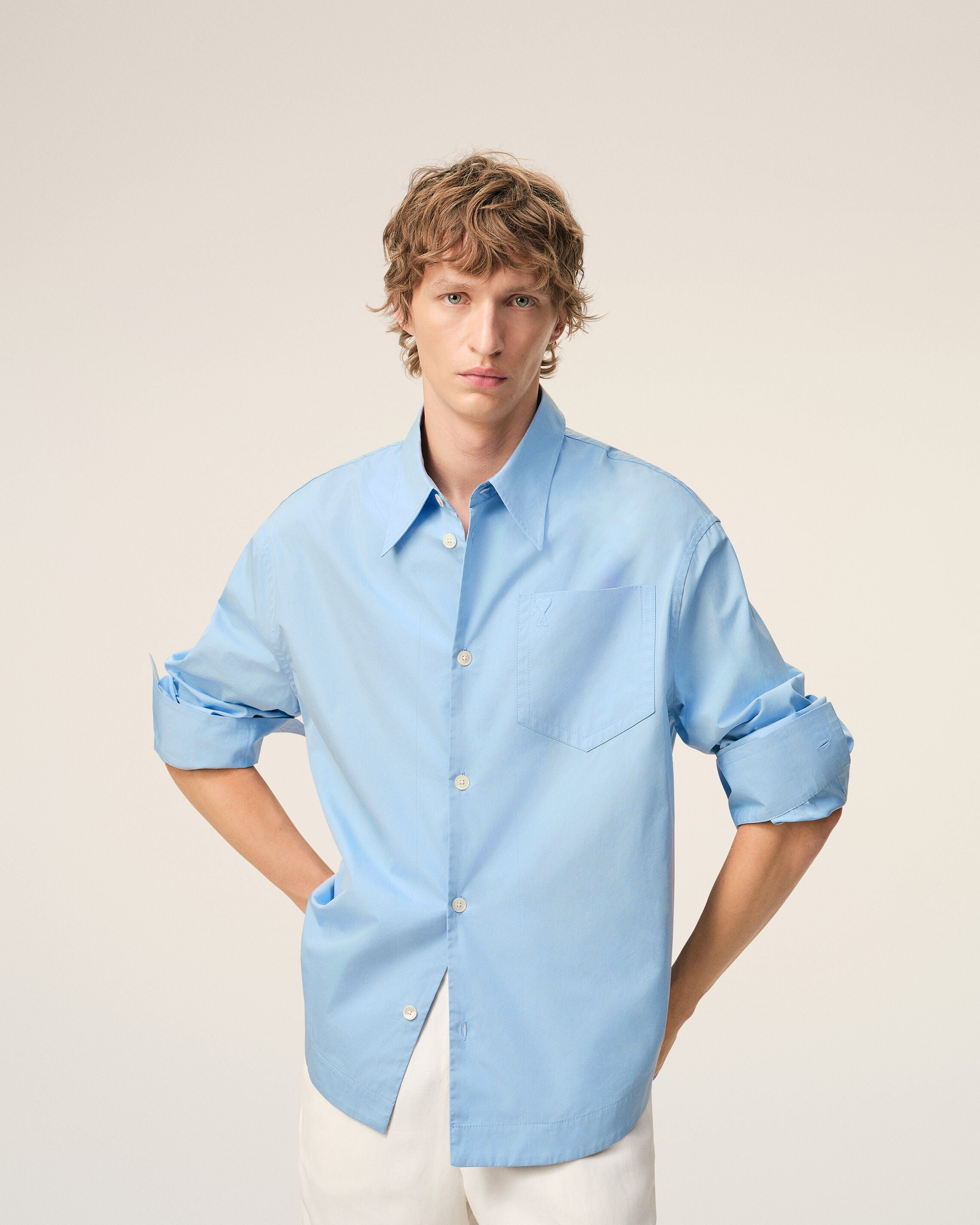 Blue Cotton Sharp Collar Ami De Coeur Wide Shirt - 3