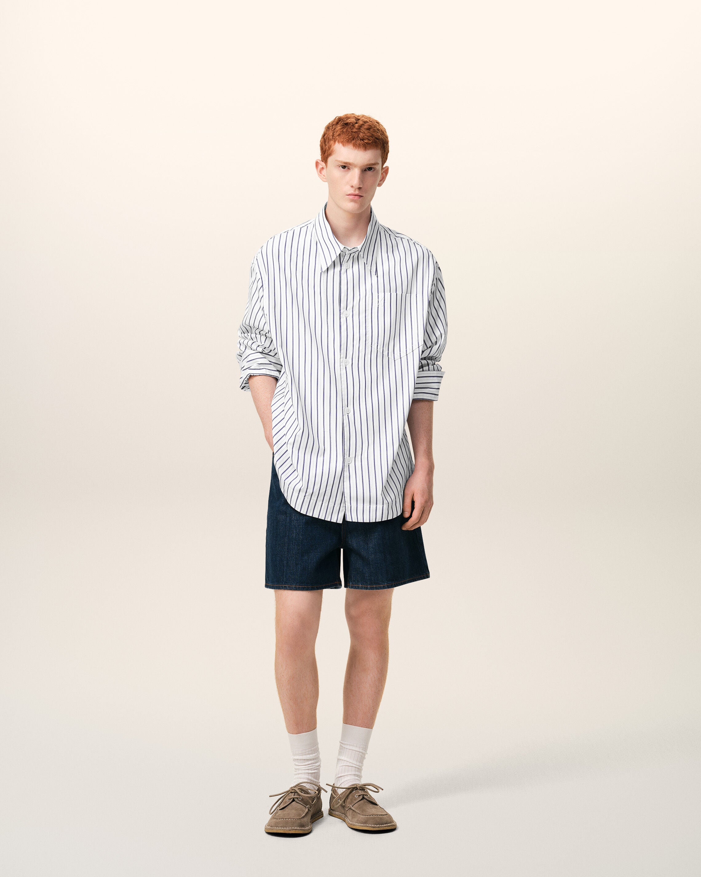 White Striped Cotton Ami De Coeur Wide Shirt - 2