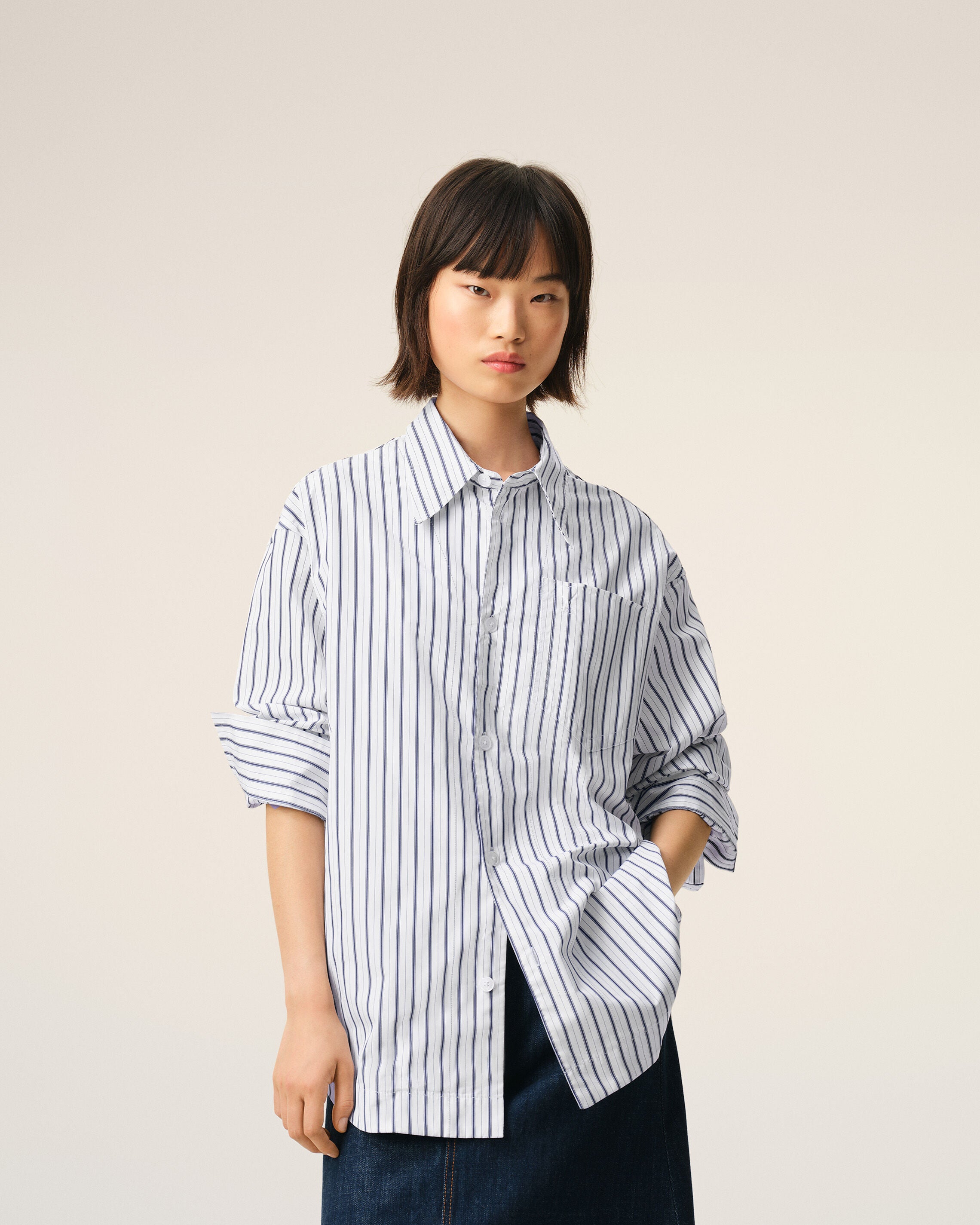 White Striped Cotton Ami De Coeur Wide Shirt - 10