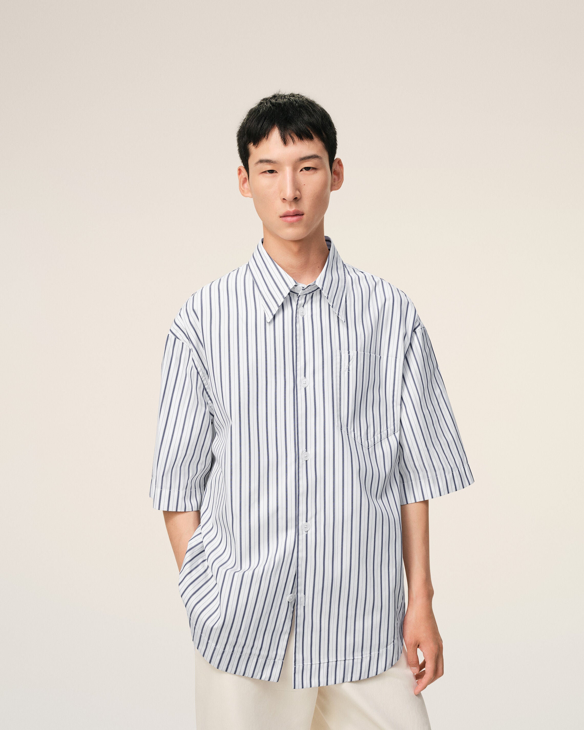 White Striped Cotton Short Sleeve Ami De Coeur Wide Shirt - 3