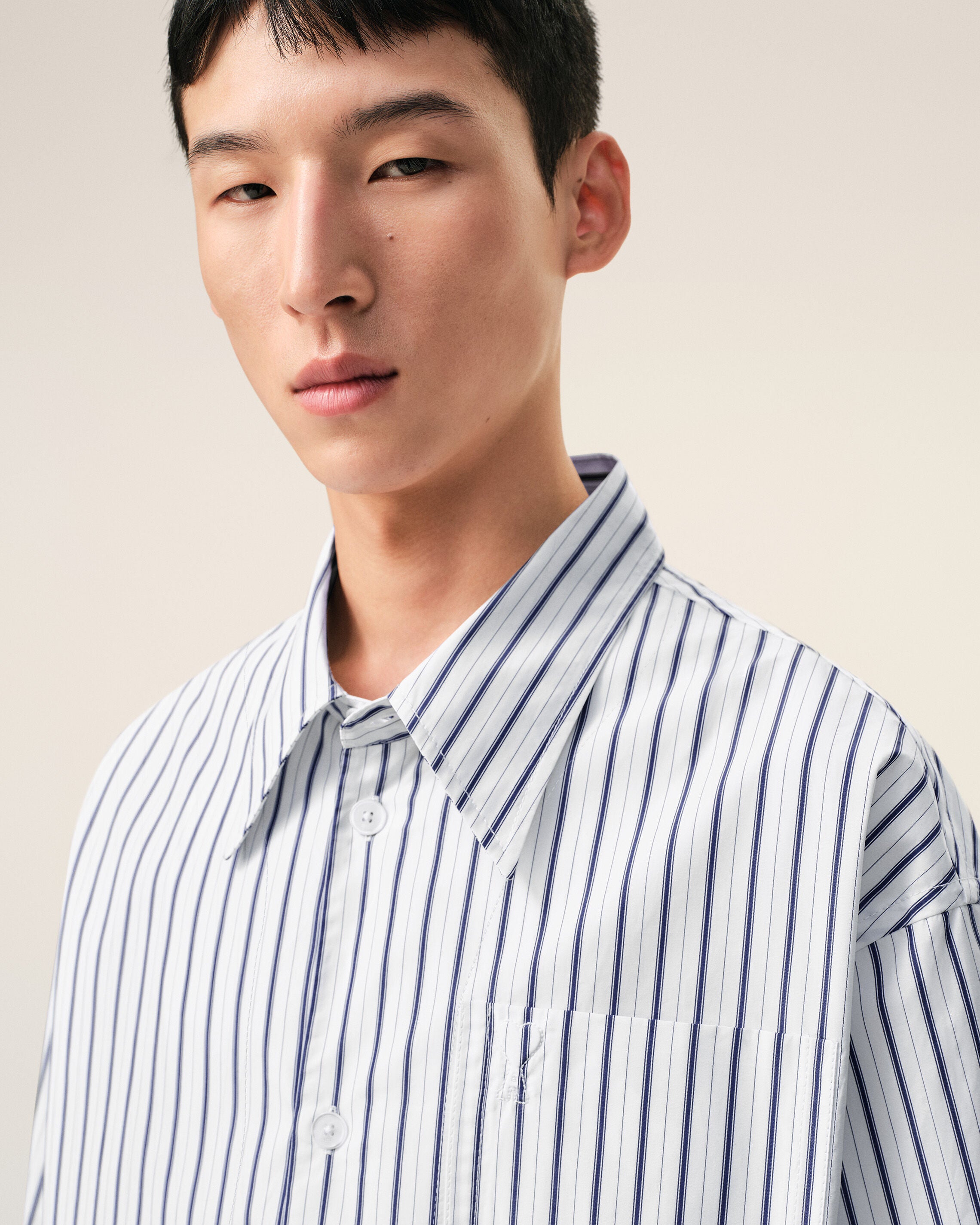 White Striped Cotton Short Sleeve Ami De Coeur Wide Shirt - 4