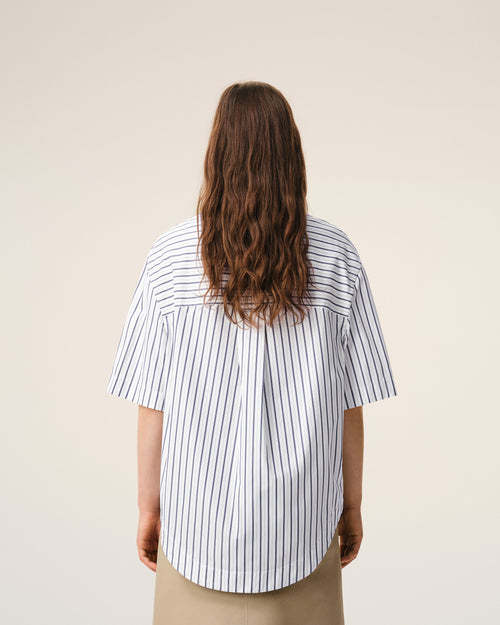 White Striped Cotton Short Sleeve Ami De Coeur Wide Shirt - Woman - 11 - AMI Paris - Ami Paris