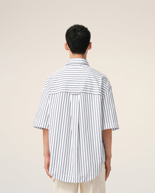 White Striped Cotton Short Sleeve Ami De Coeur Wide Shirt - Man - 5 - AMI Paris - Ami Paris