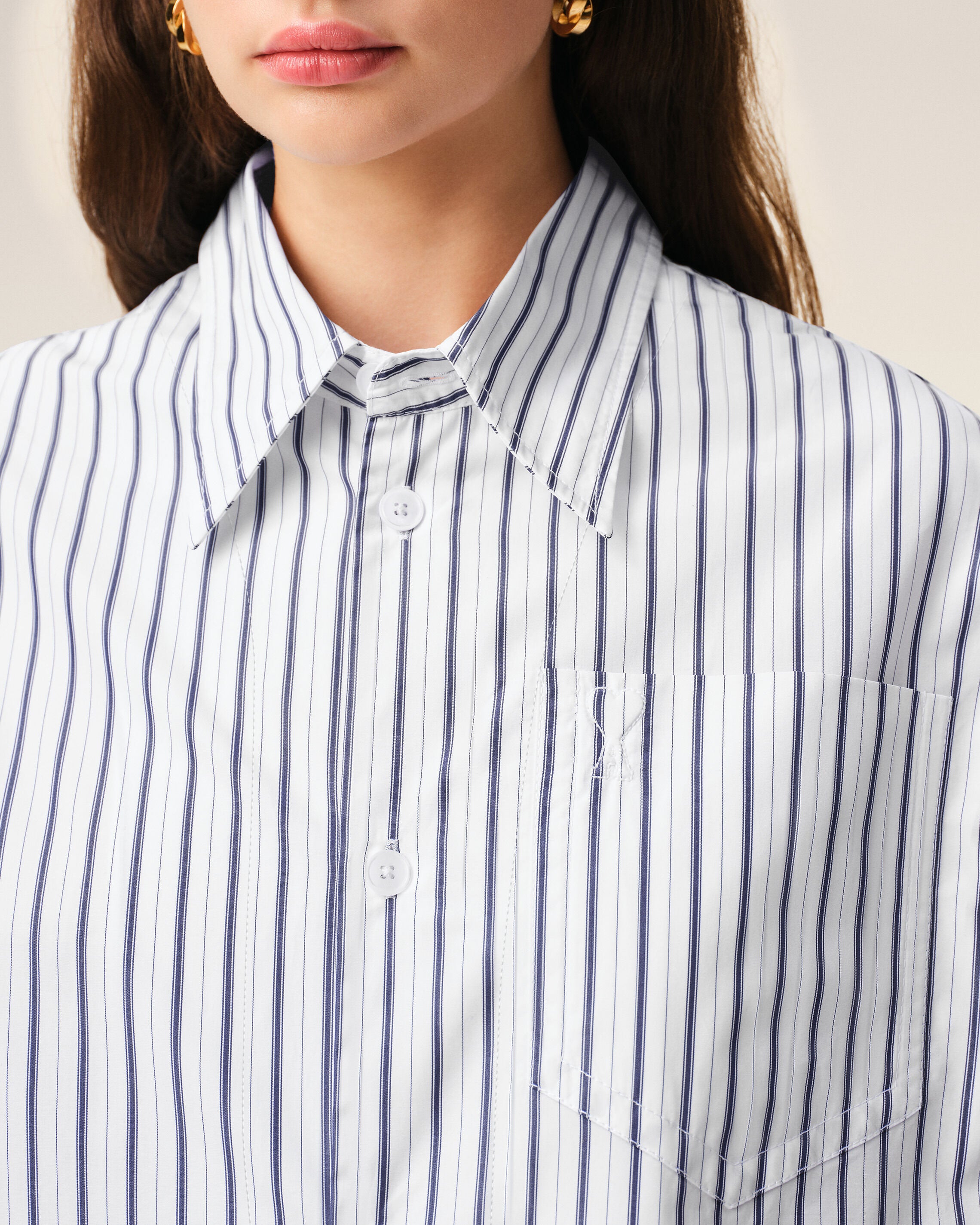 White Striped Cotton Short Sleeve Ami De Coeur Wide Shirt - 10