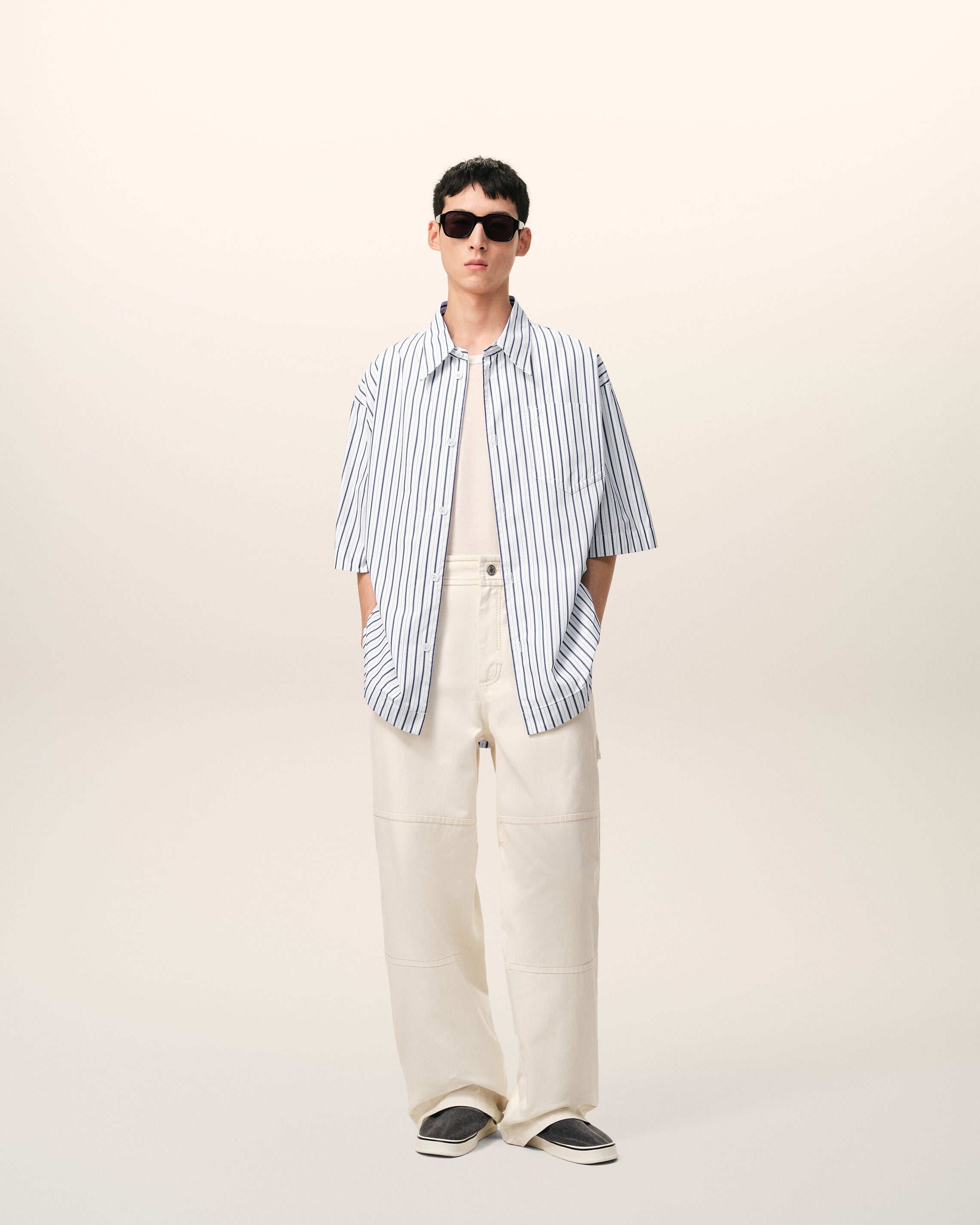 White Striped Cotton Short Sleeve Ami De Coeur Wide Shirt - 2