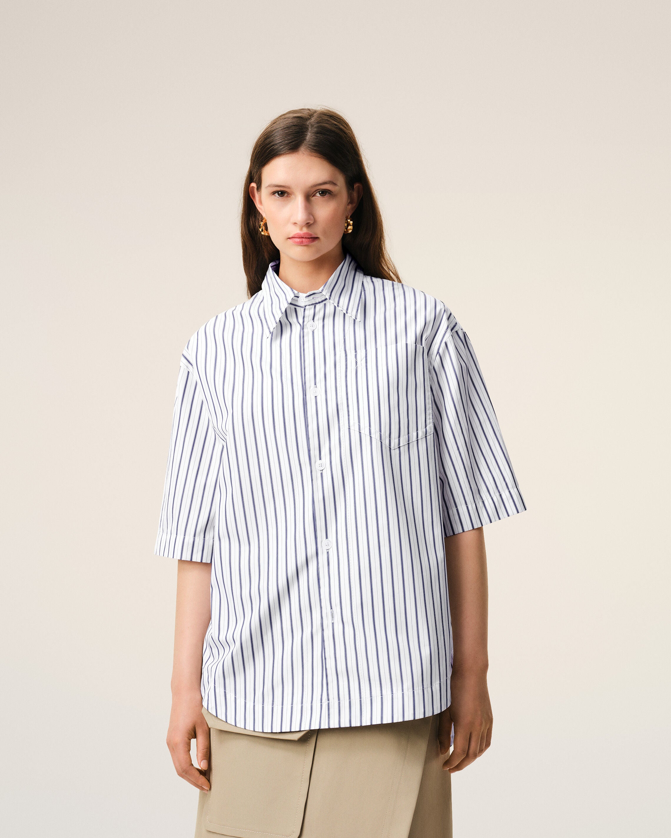 White Striped Cotton Short Sleeve Ami De Coeur Wide Shirt - 9