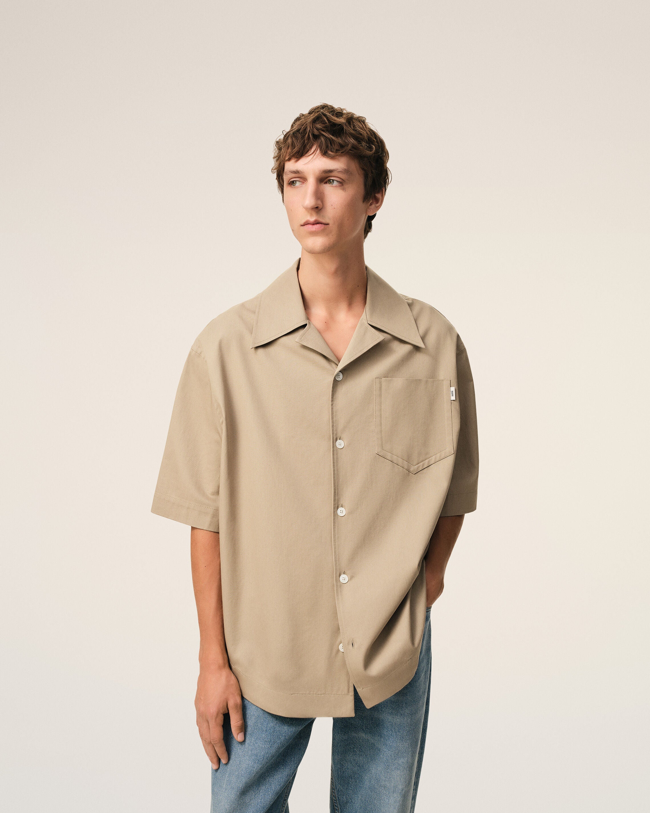 Beige Cotton Short Sleeve Camp Collar Wide Shirt - 3