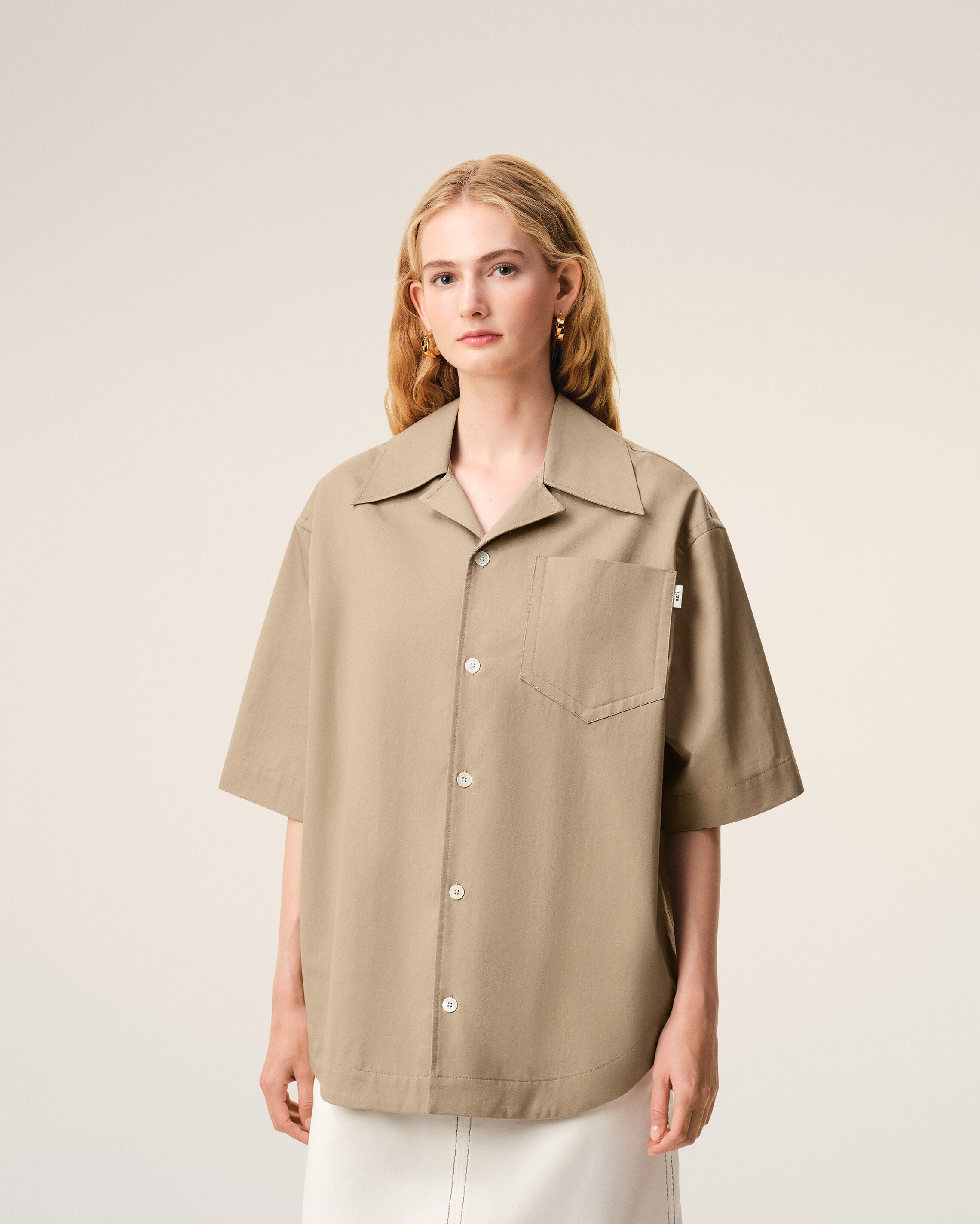 Beige Cotton Short Sleeve Camp Collar Wide Shirt - 9