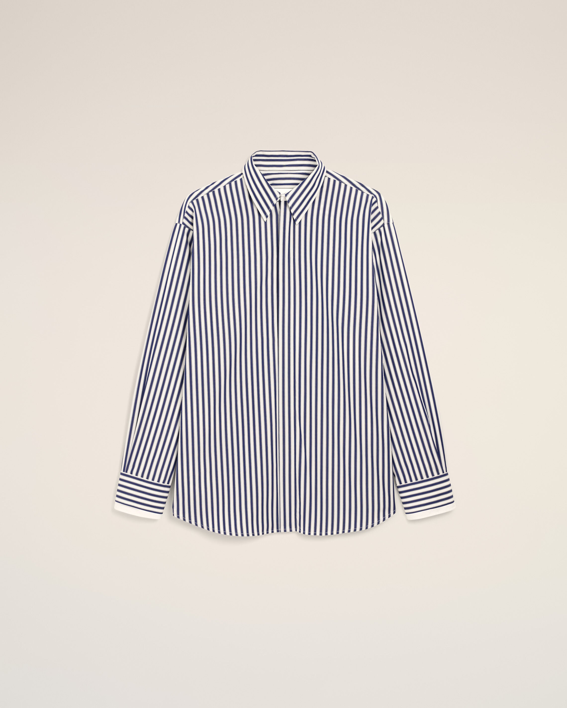 Camisa de algodón azul a rayas anchas con cuello desmontable - 7