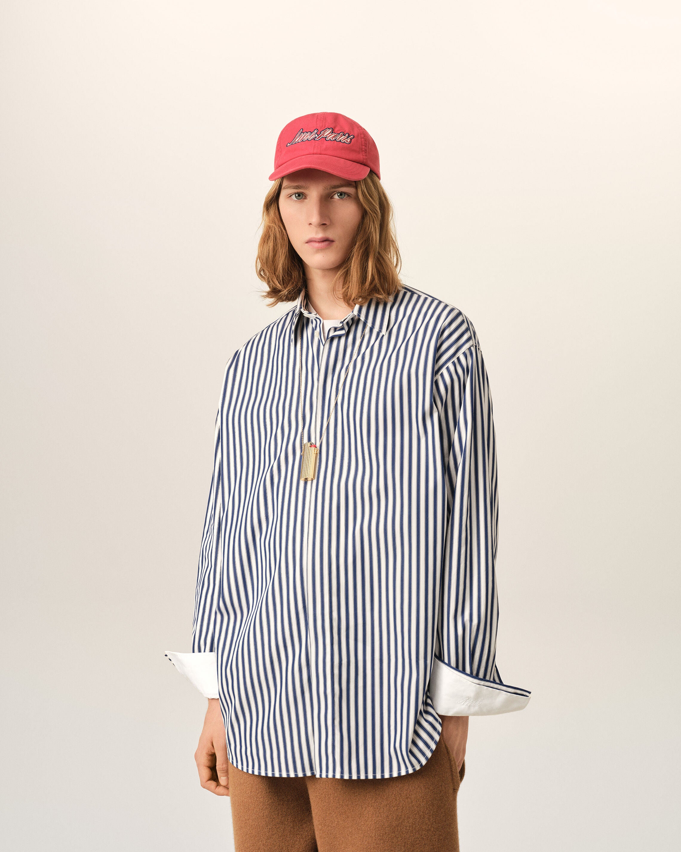 Camisa de algodón azul a rayas anchas con cuello desmontable - 2