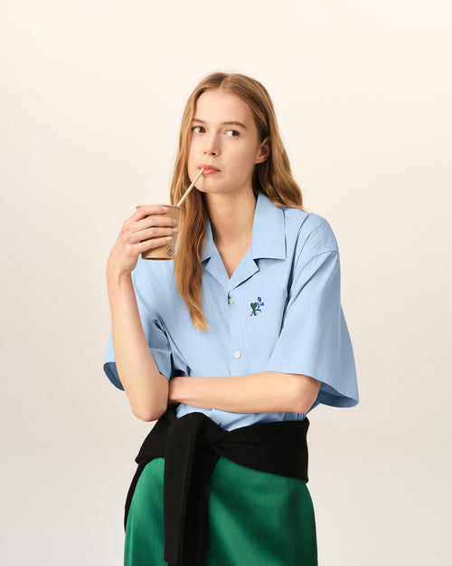                                 Blue boxy cotton short-sleeve shirt with Ami de Coeur tulip - 3                             - Ami Paris