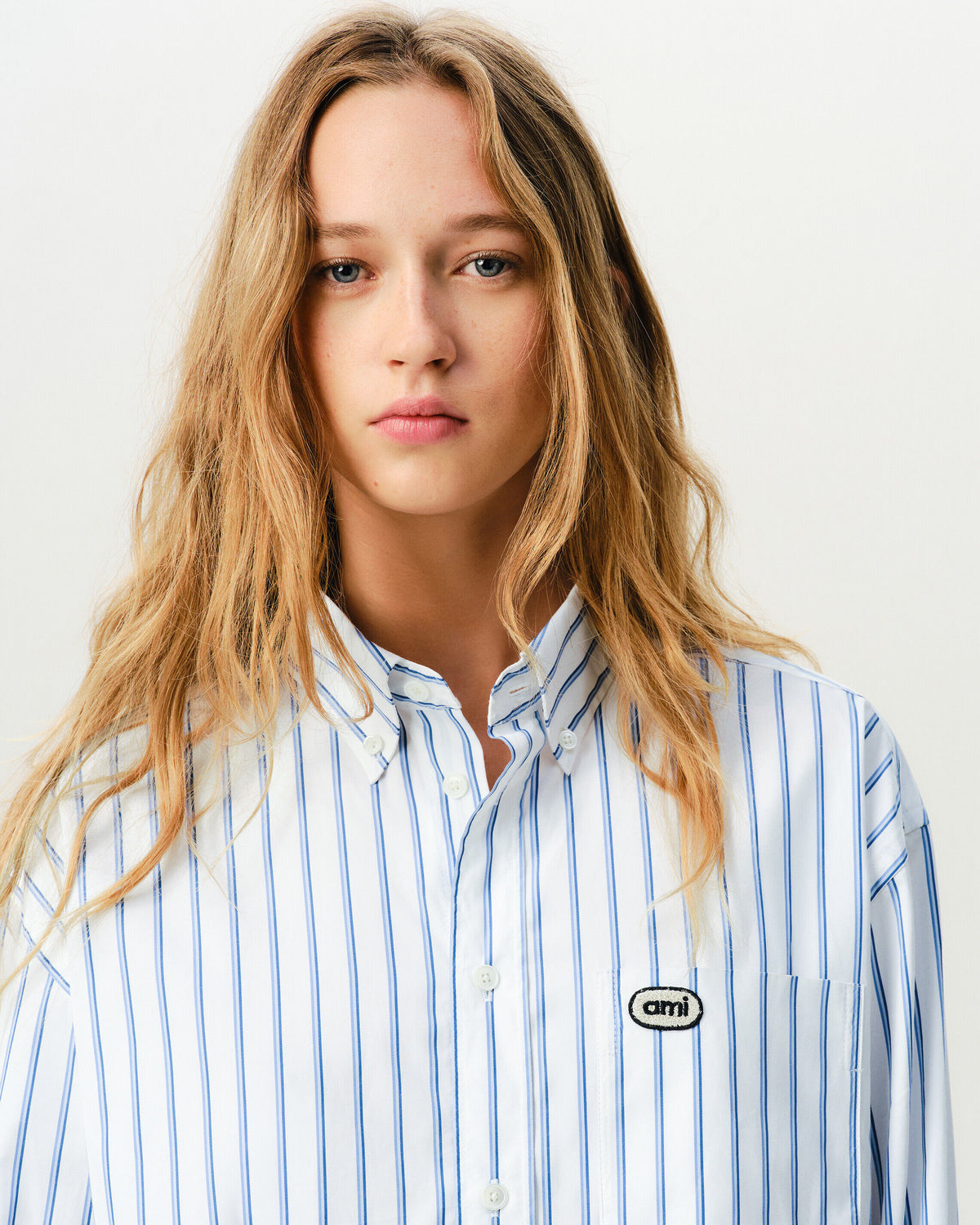 White boxy striped cotton shirt with Ami patch - 10