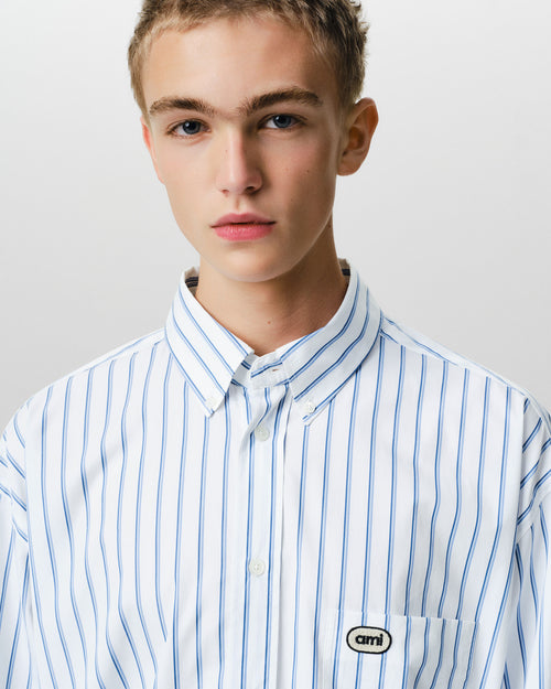 White boxy striped cotton shirt with Ami patch - Man - 4 - AMI Paris - Ami Paris