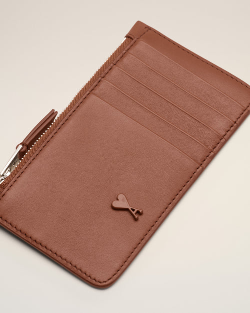 Brown Cowhide Leather Ami De Coeur Zipped Card Holder - Woman - 6 - AMI Paris - Ami Paris