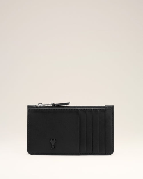                                     Black Cowhide Leather Ami De Coeur Zipped Card Holder - 3                                 - Ami Paris