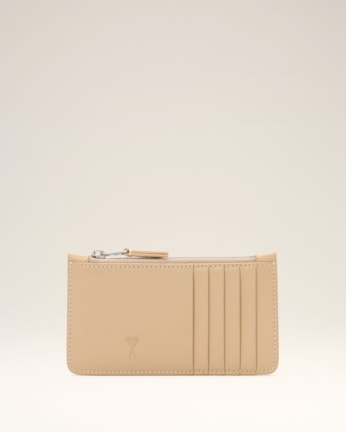 Beige zipped cowhide leather card holder with Ami de Coeur - MASTIC BEIGE - Ami Paris