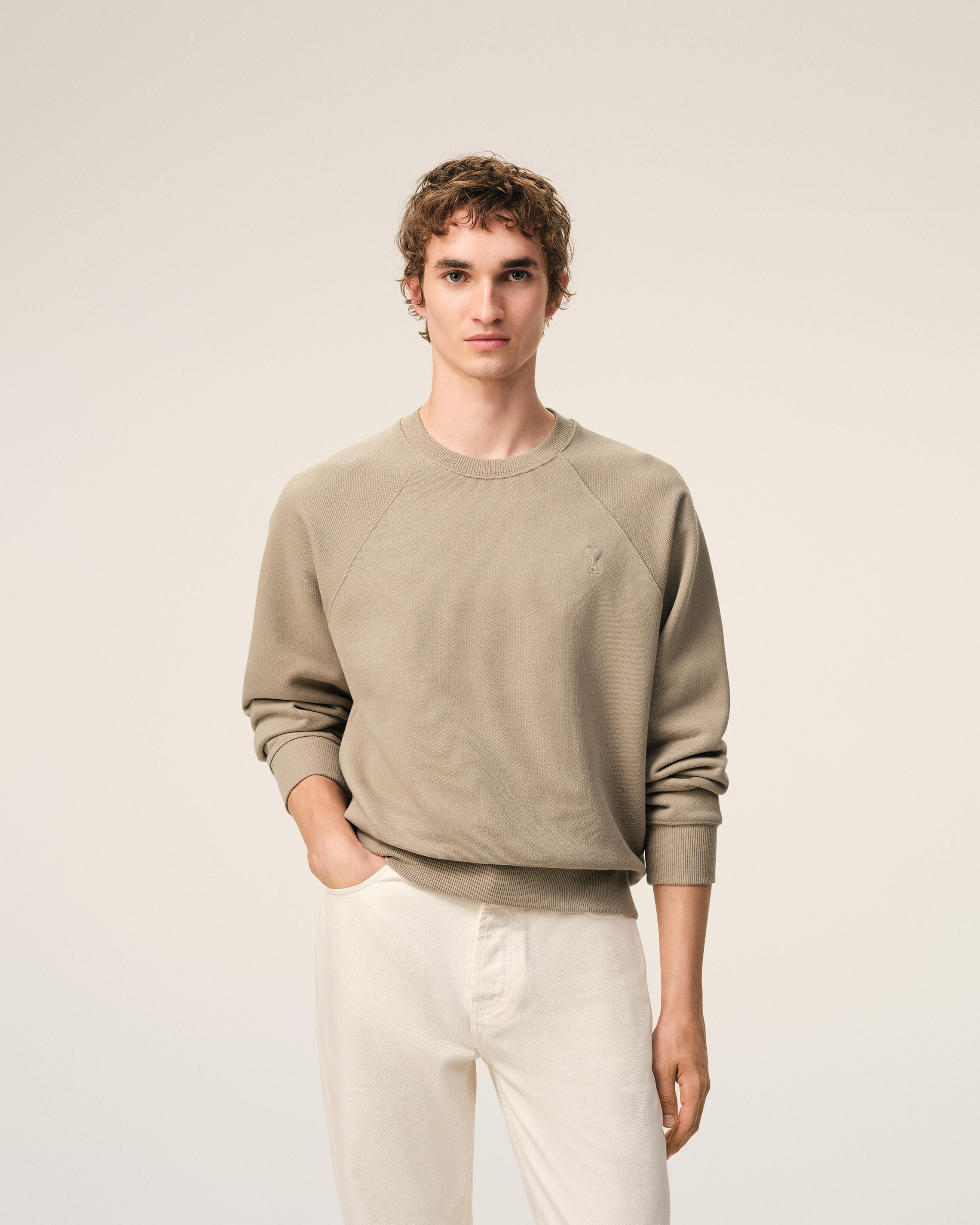Beige Cotton Embossed Ami De Coeur Sweatshirt - 3