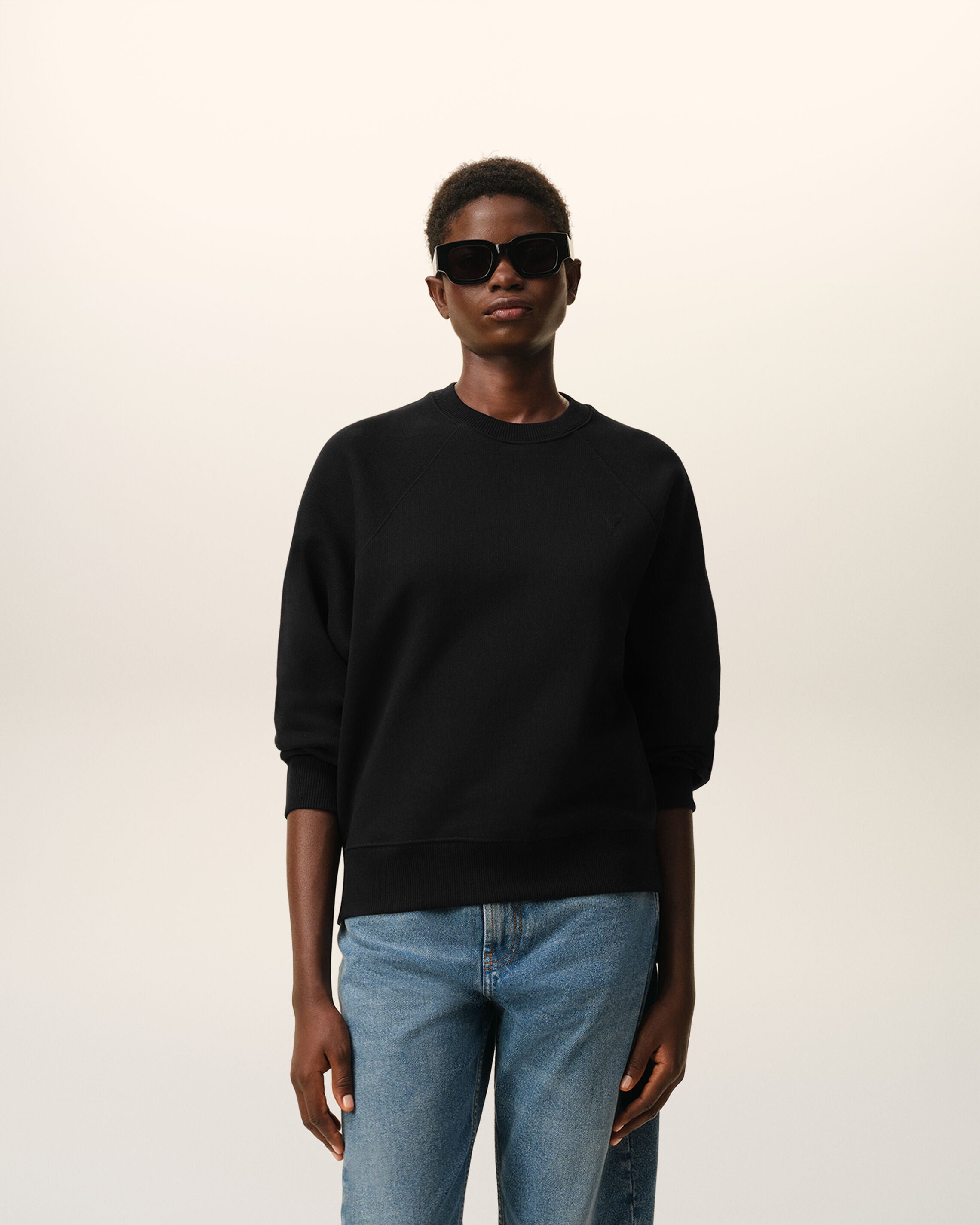 Black Cotton Sweatshirt with Embossed Ami De Coeur  - 8