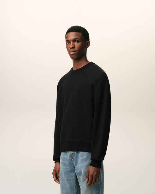 Black Cotton Sweatshirt with Embossed Ami De Coeur  - Man - 6 - AMI Paris - Ami Paris