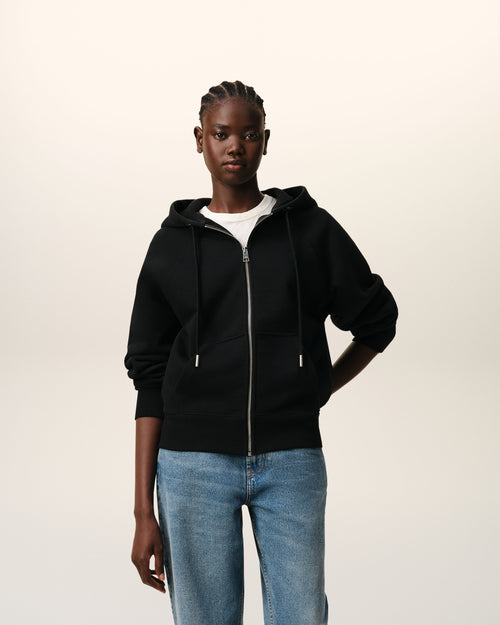                                 Black Cotton Embossed Ami De Coeur Zipped Hoodie - 3                             - Ami Paris