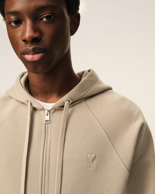 Beige Cotton Embossed Ami De Coeur Zipped Hoodie - 4 - Ami Paris