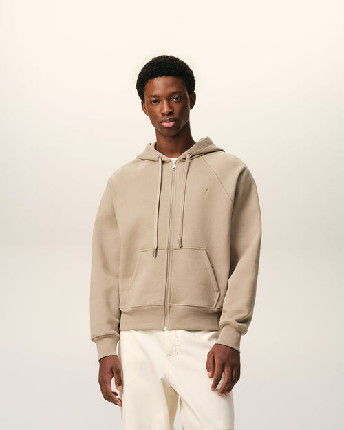 Beigefarbener Kapuzenpullover aus Baumwolle mit Ami De Coeur Prägung und Reißverschluss - Herren - 2 - AMI Paris - Ami Paris