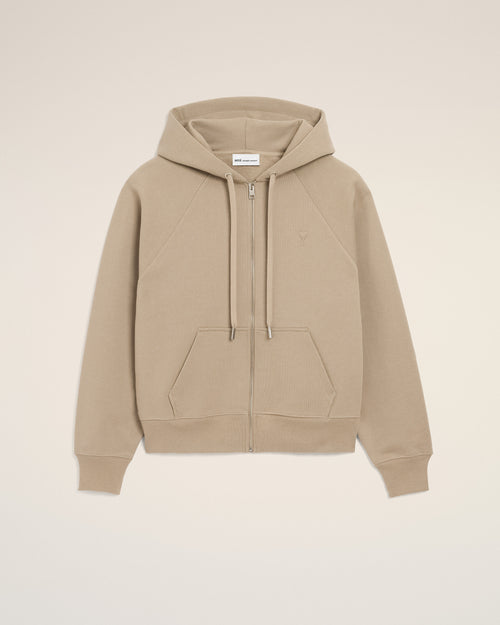 Beigefarbener Kapuzenpullover aus Baumwolle mit Ami De Coeur Prägung und Reißverschluss - Herren - 1 - AMI Paris - Ami Paris
