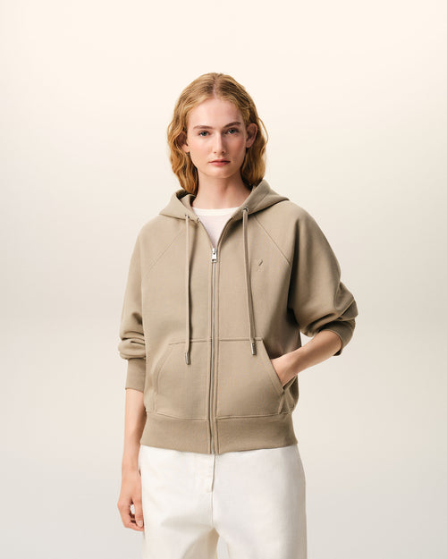                                     Beige Cotton Embossed Ami De Coeur Zipped Hoodie - 3                                 - Ami Paris