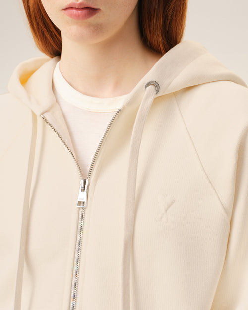 White Cotton Embossed Ami De Coeur Zipped Hoodie - 10 - Ami Paris