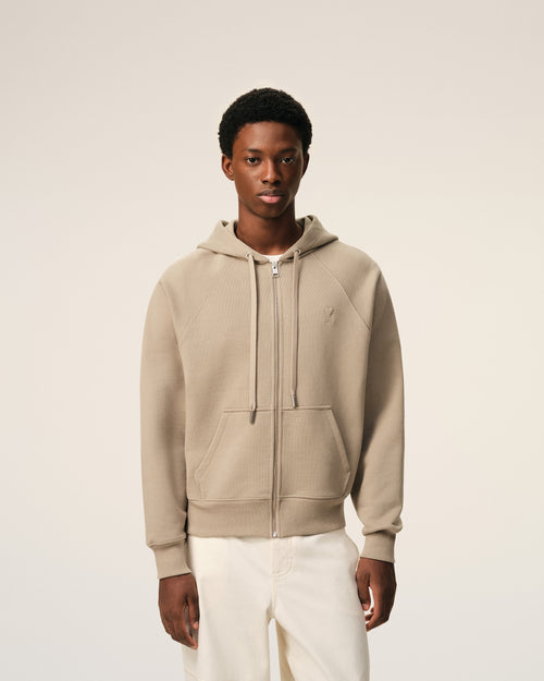 Beigefarbener Kapuzenpullover aus Baumwolle mit Ami De Coeur Prägung und Reißverschluss - Herren - 3 - AMI Paris - Ami Paris