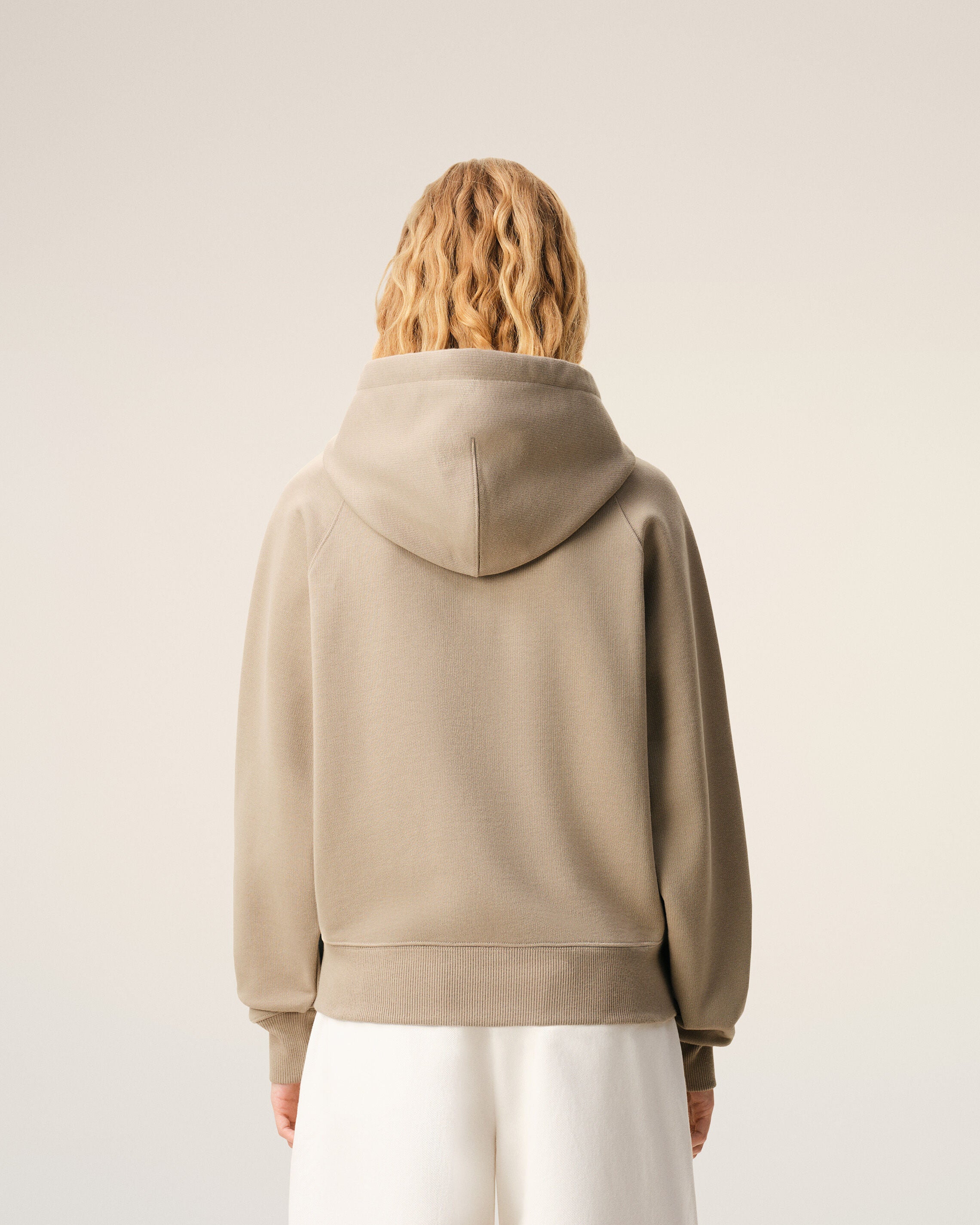 Beige Cotton Embossed Ami De Coeur Zipped Hoodie - 11