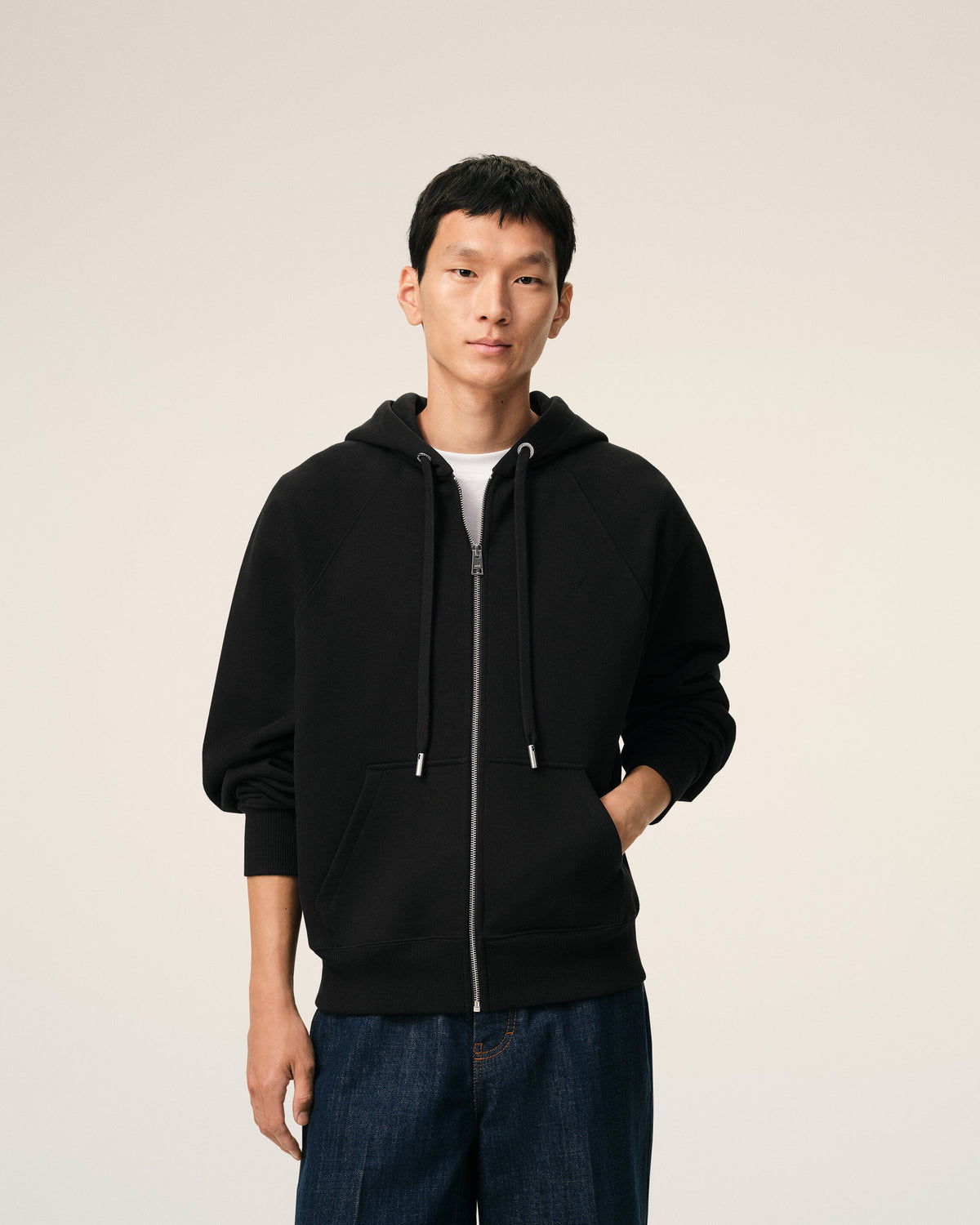 Black Zipped Cotton Hoodie with Embossed Ami De Coeur  - 3