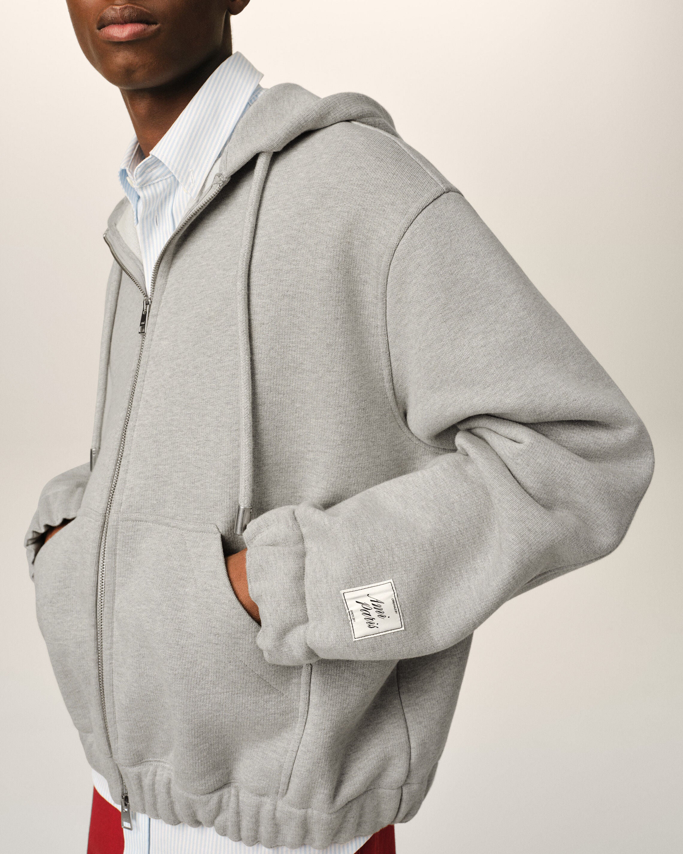 Grey zipped cotton hoodie with heritage Ami Paris label - 4