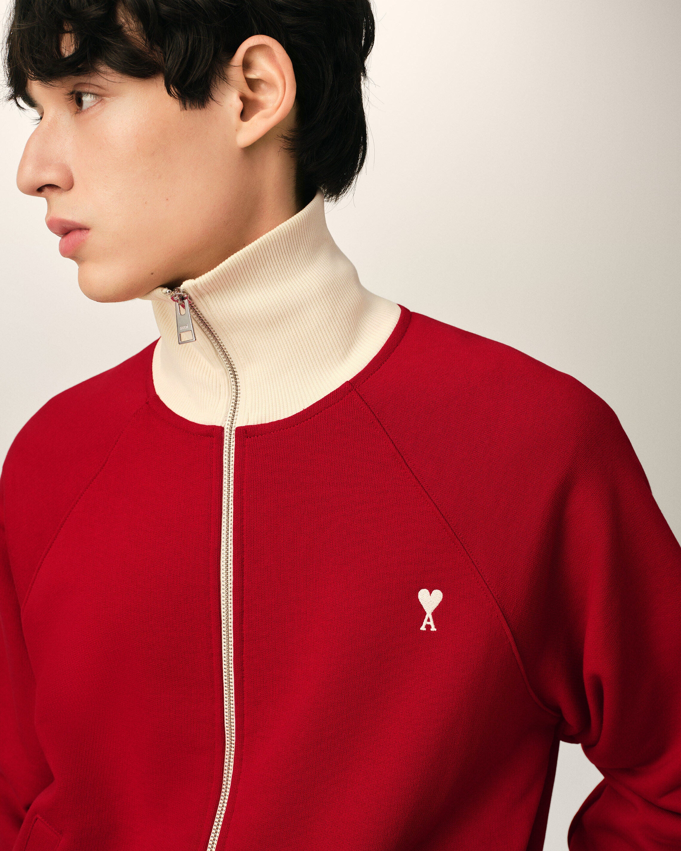 RUBY RED/IVORY Red zipped cotton sweatshirt with Ami de Coeur