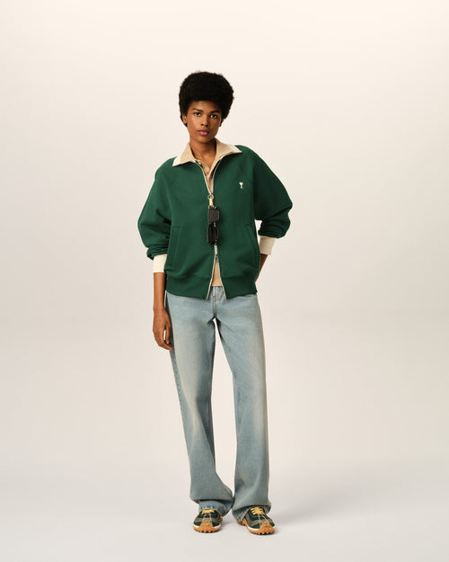 Green zipped cotton sweatshirt with Ami de Coeur - Woman - 9 - AMI Paris - Ami Paris