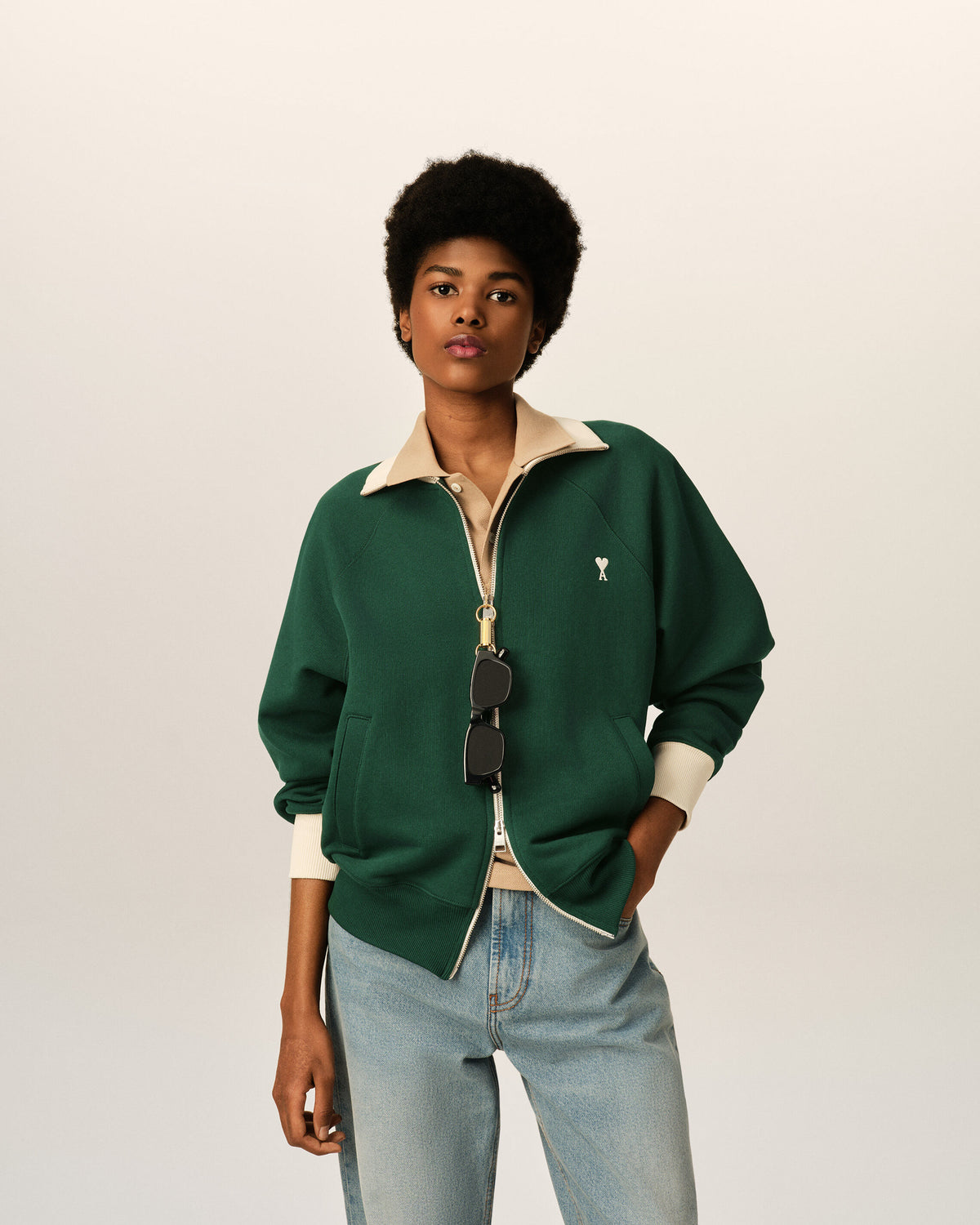 Green zipped cotton sweatshirt with Ami de Coeur - 8