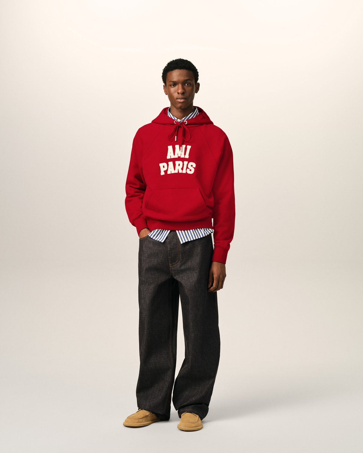 Red cotton hoodie with Ami Paris embroidery - 3
