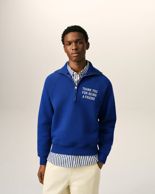 Felpa con zip in cotone blu "Thank you for being a friend" - 2 - Ami Paris