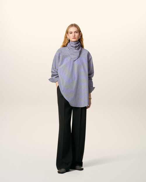                                     Blue Cotton Long Sleeves Striped Bandana Blouse - 3                                 - Ami Paris