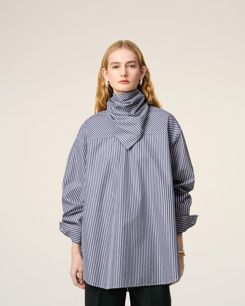 Blue Cotton Long Sleeves Striped Bandana Blouse - 9 - Ami Paris