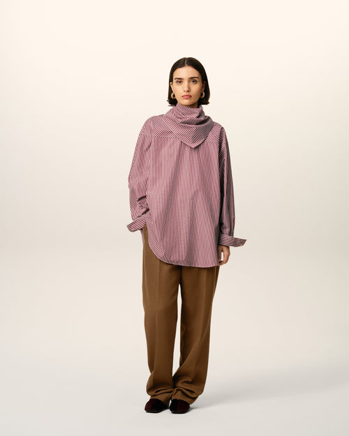                                     Burgundy Cotton Long Sleeves Striped Bandana Blouse - 3                                 - Ami Paris