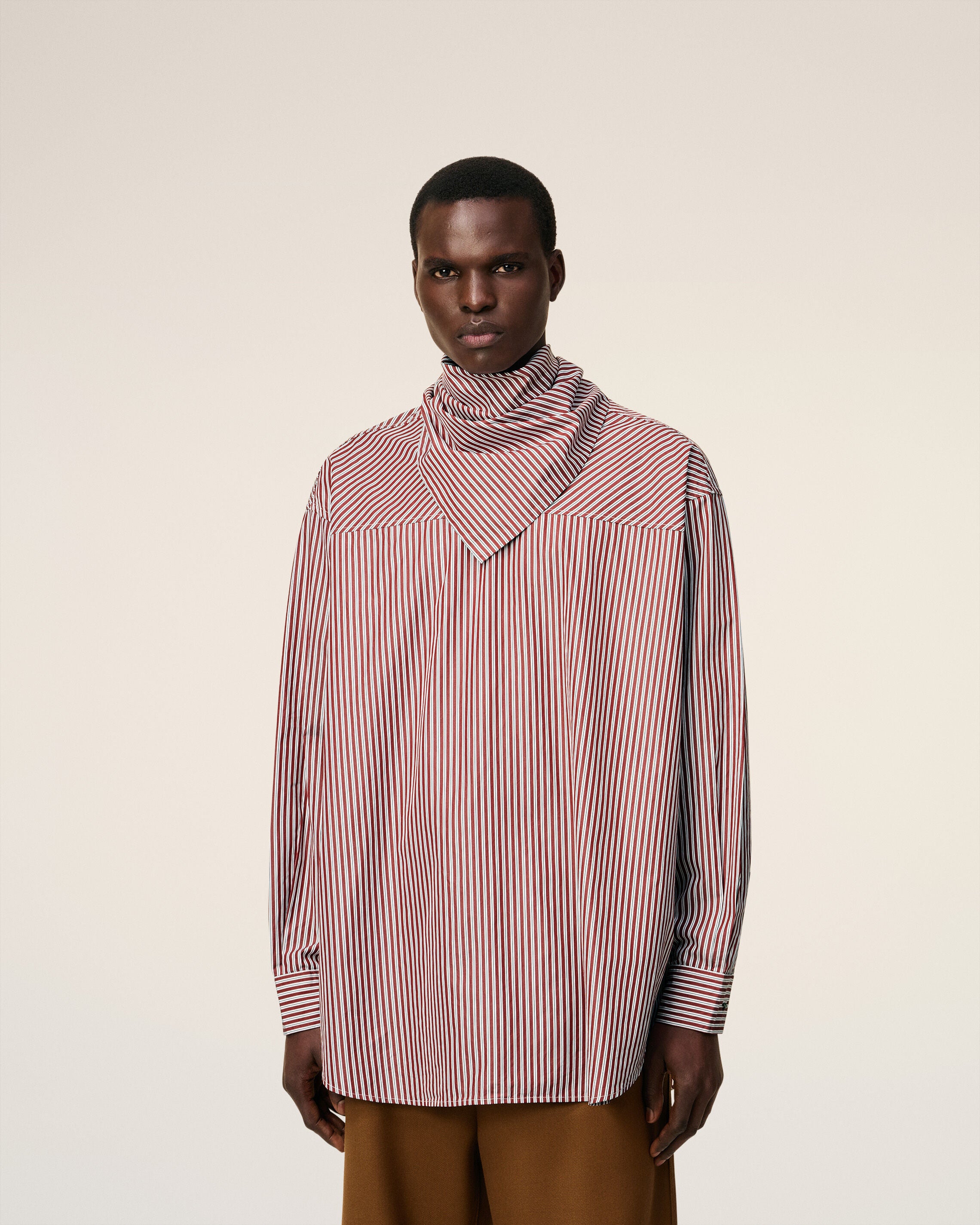 バーガンディ コットン ロングスリーブ ストライプ バンダナ ブラウス