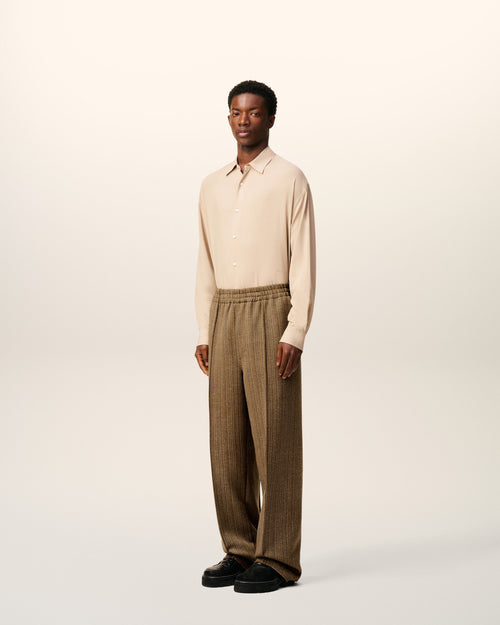Brown Wool Herringbone Elasticated Trousers - 6 - Ami Paris