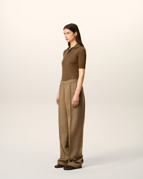 Brown Wool Herringbone Elasticated Trousers - 12 - Ami Paris