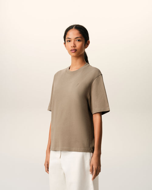 Beige Cotton Embossed Ami De Coeur T-shirt - Woman - 12 - AMI Paris - Ami Paris