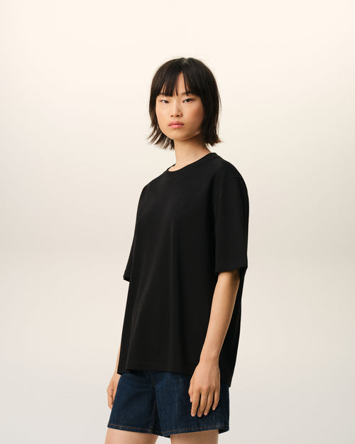 Black Cotton Embossed Ami De Coeur T-shirt - 12 - Ami Paris
