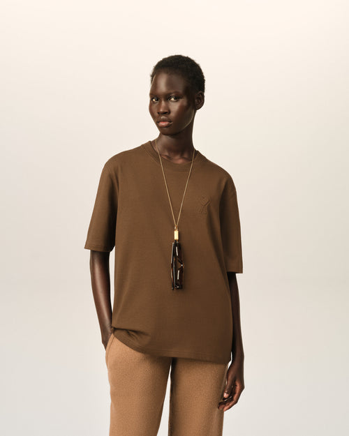 Brown cotton t-shirt with embossed Ami de Coeur - Woman - 8 - AMI Paris - Ami Paris