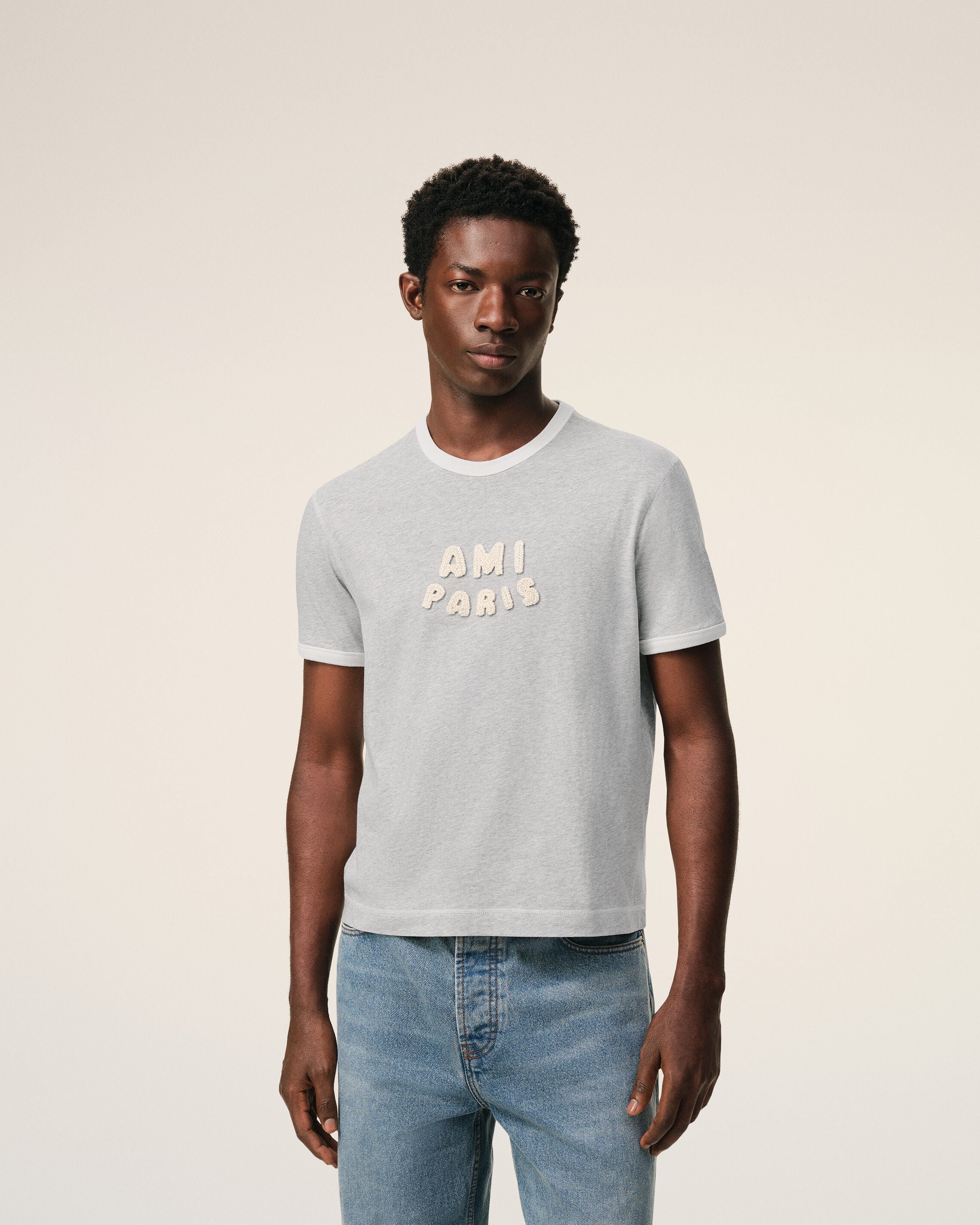 グレーコットン Ami De Coeur ニットパッチ Tシャツ グレー/ホワイト