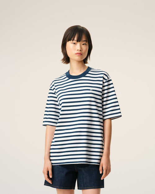 Blue Cotton Boxy Fit Mariniere Ami De Coeur T-shirt - Woman - 9 - AMI Paris - Ami Paris